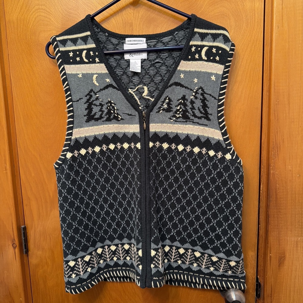 VTG Christopher & Banks Sweater Vest Large Ramie Cotton Zip Mountain Trees Moon